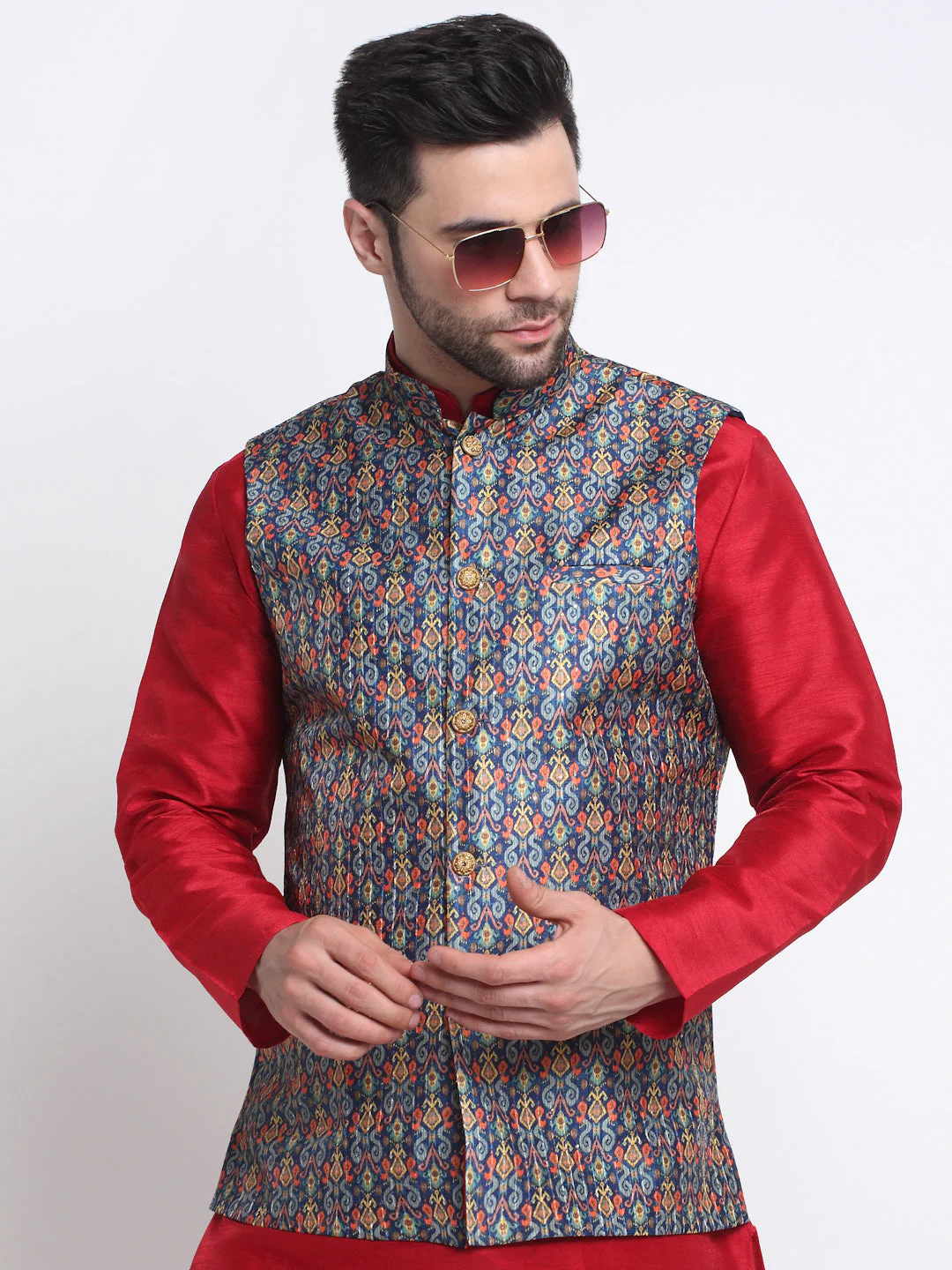 KRAFT INDIA Men Maroon Silk Kurta Churidar With Blue Printed Nehru Jacket - Image 3