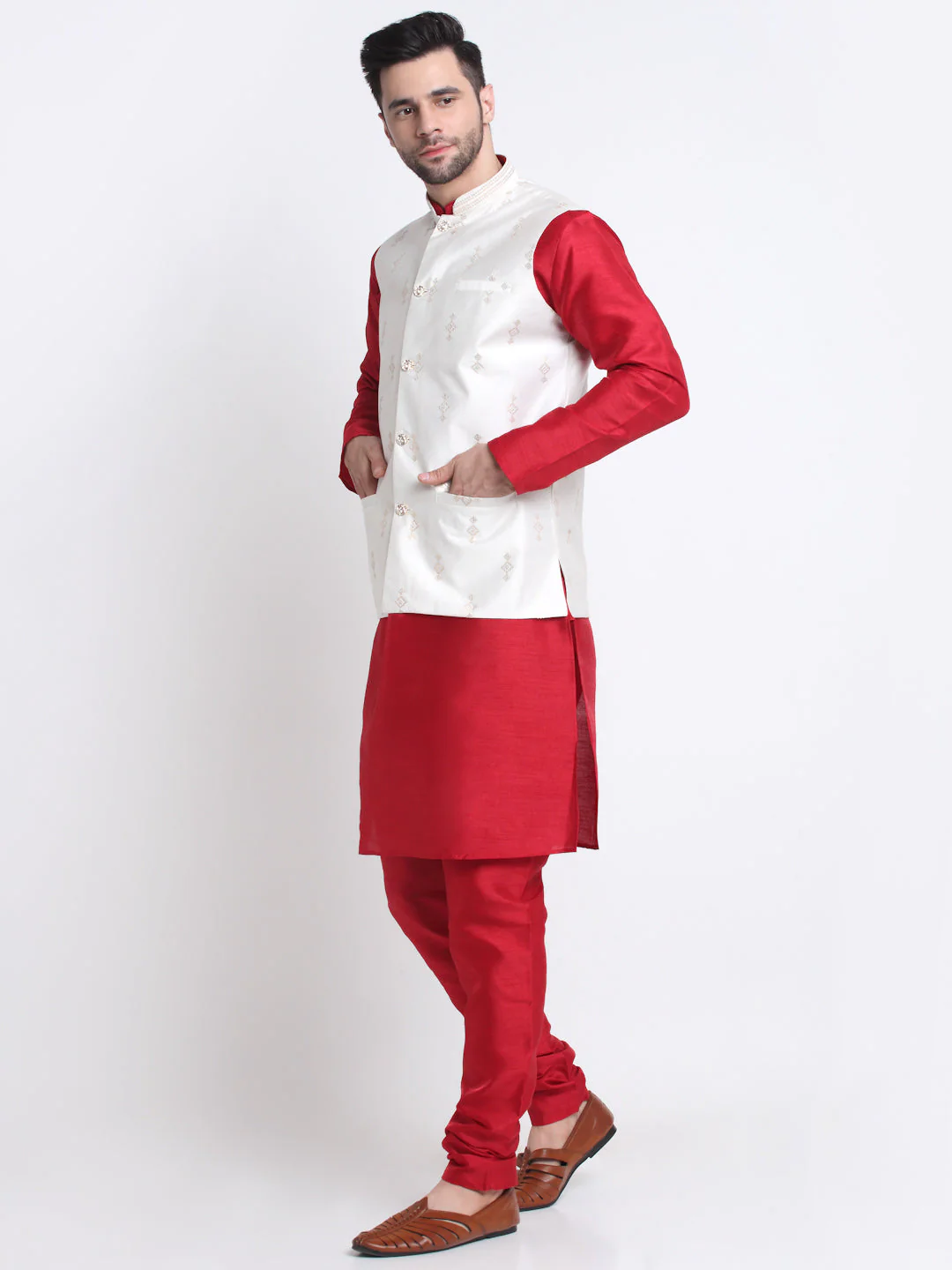 KRAFT INDIA Men Maroon Silk Kurta & Churidar With Sequenced Nehru Jacket - Image 11
