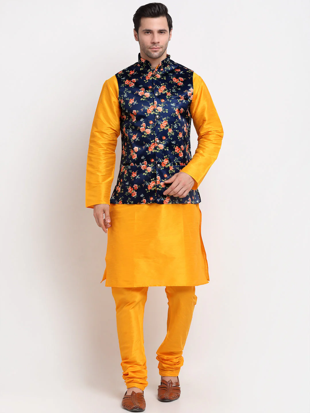 KRAFT INDIA Men Mustard Kurta Churidar With Floral Print Satin Nehru Jacket - Image 11