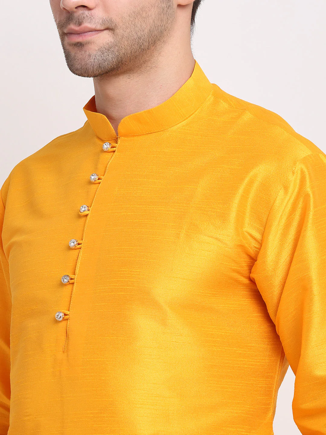 KRAFT INDIA Men Mustard Kurta Churidar With Floral Print Satin Nehru Jacket - Image 13