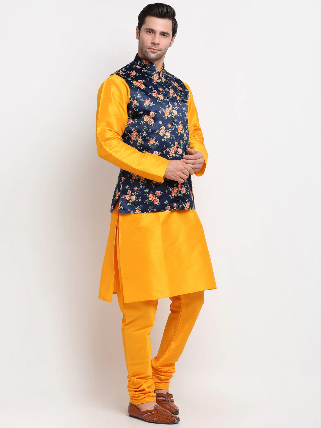 KRAFT INDIA Men Mustard Kurta Churidar With Floral Print Satin Nehru Jacket - Image 20