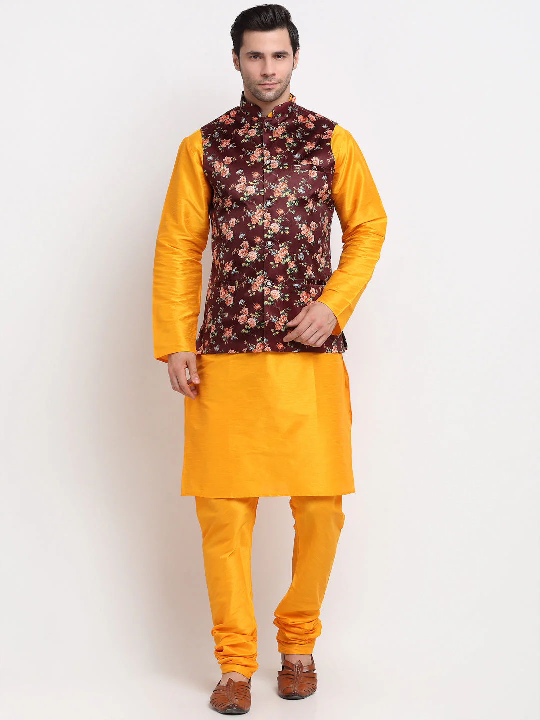 KRAFT INDIA Men Mustard Kurta Churidar With Floral Print Satin Nehru Jacket - Image 27