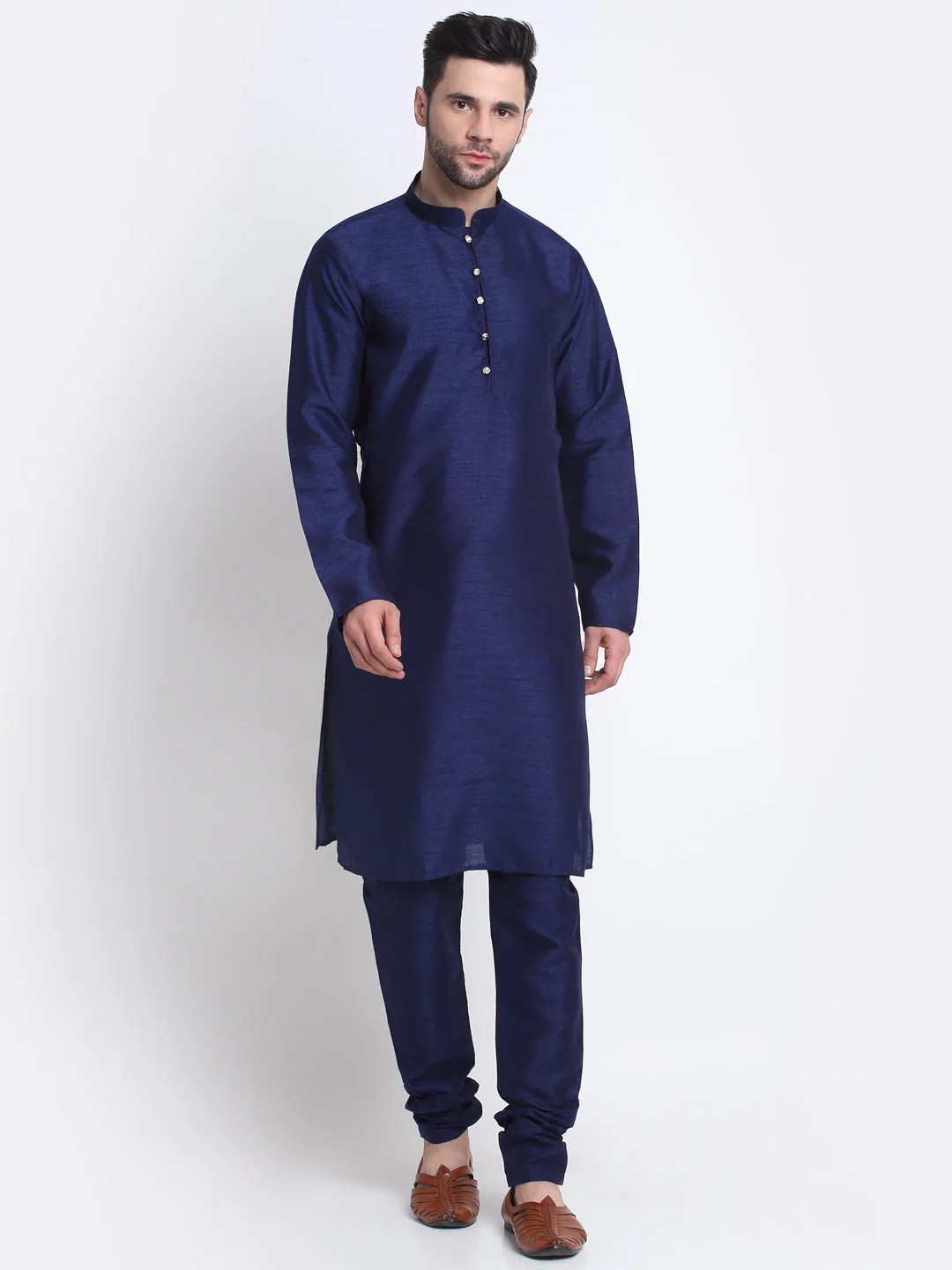 KRAFT INDIA Men Navy Blue Silk Kurta Churidar With Blue Printed Nehru Jacket - Image 6
