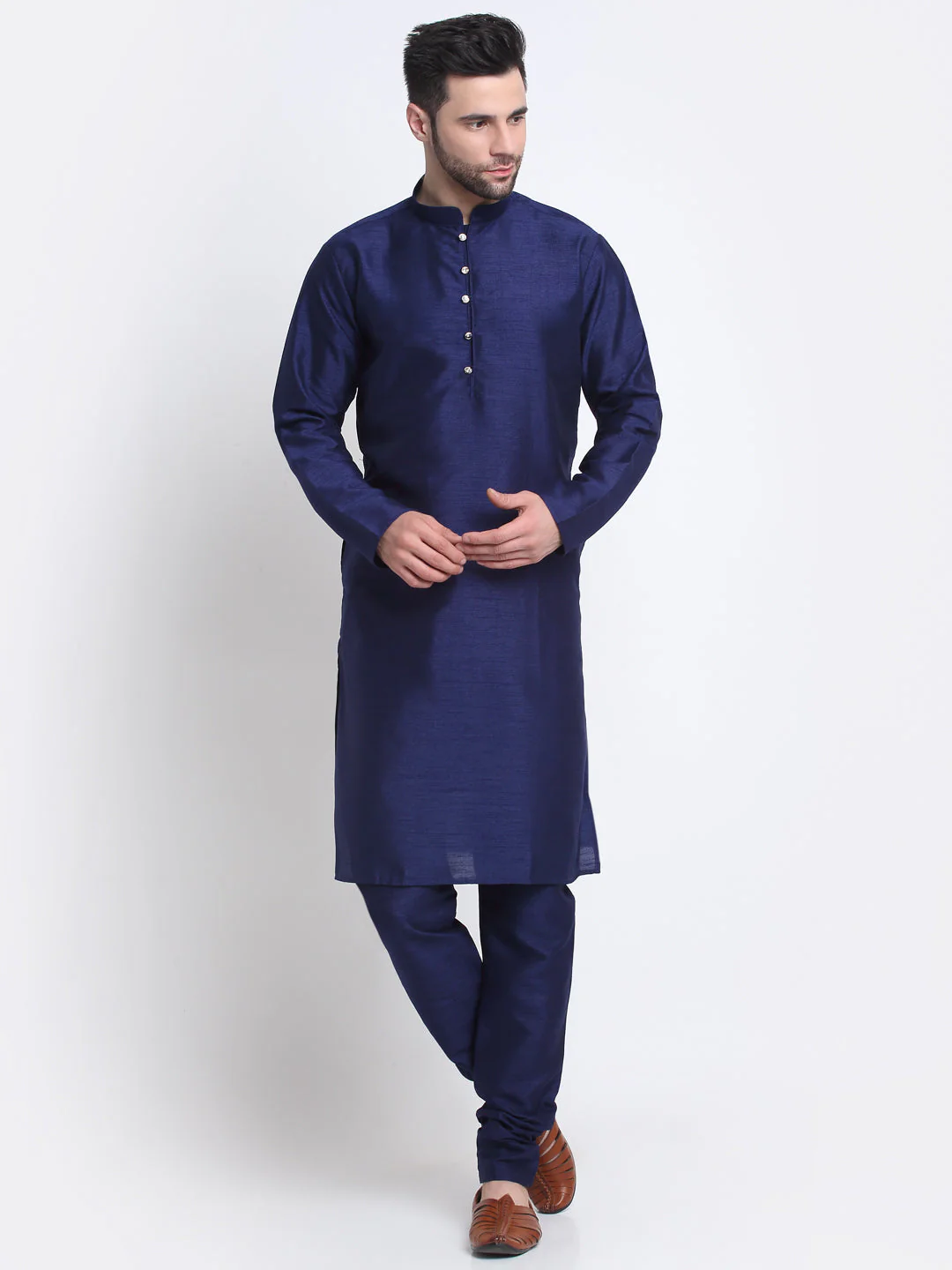 KRAFT INDIA Men Navy Blue Silk Kurta Churidar With Blue Printed Nehru Jacket - Image 7