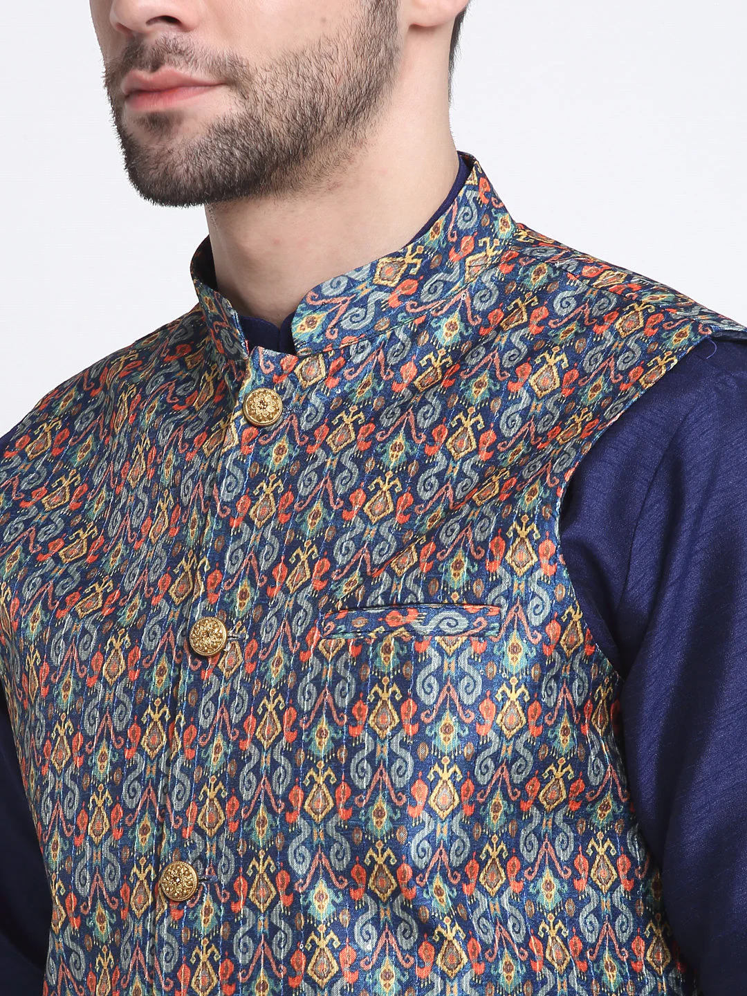 KRAFT INDIA Men Navy Blue Silk Kurta Churidar With Blue Printed Nehru Jacket - Image 8