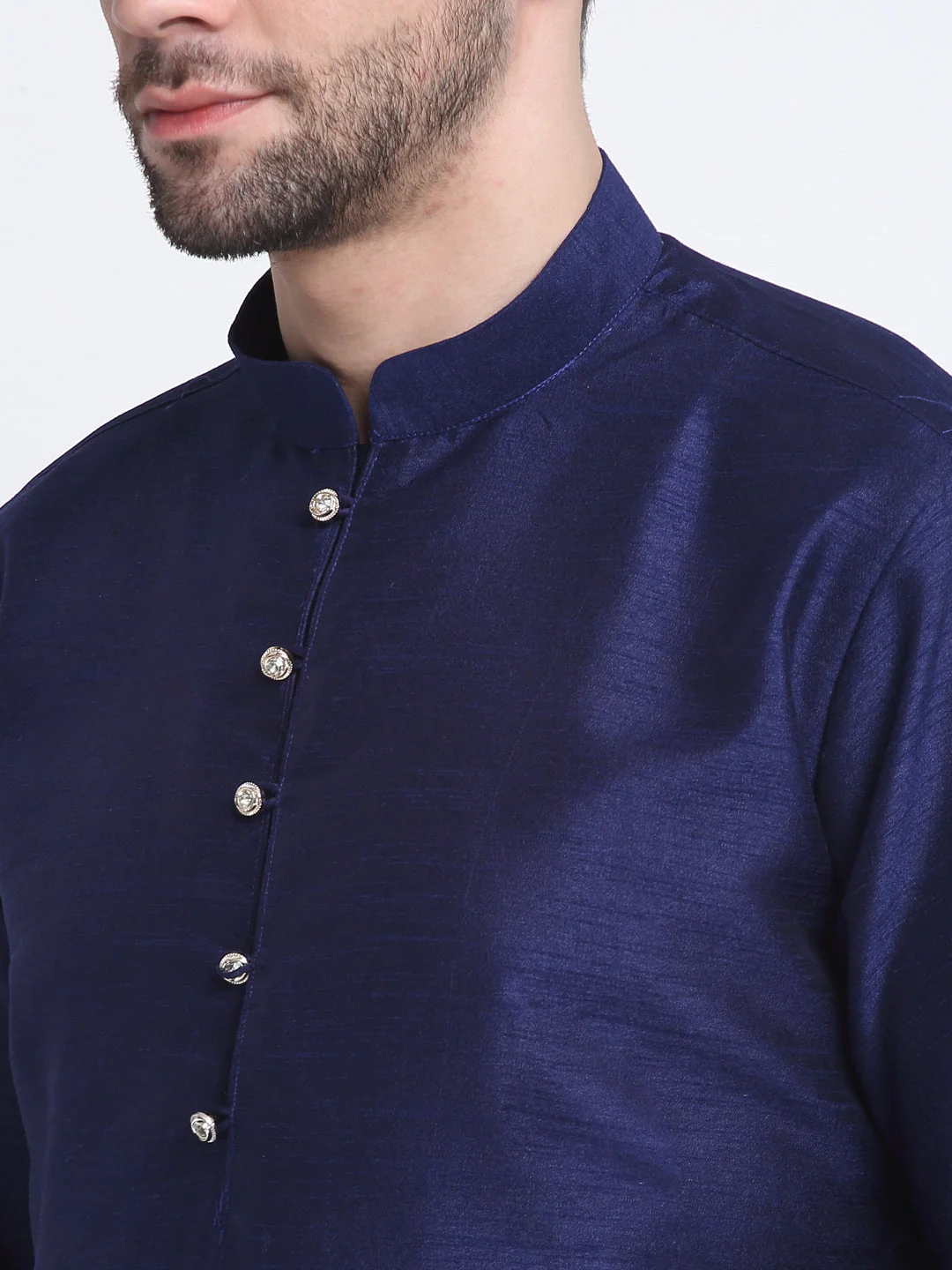 KRAFT INDIA Men Navy Blue Silk Kurta Churidar With Blue Printed Nehru Jacket - Image 9