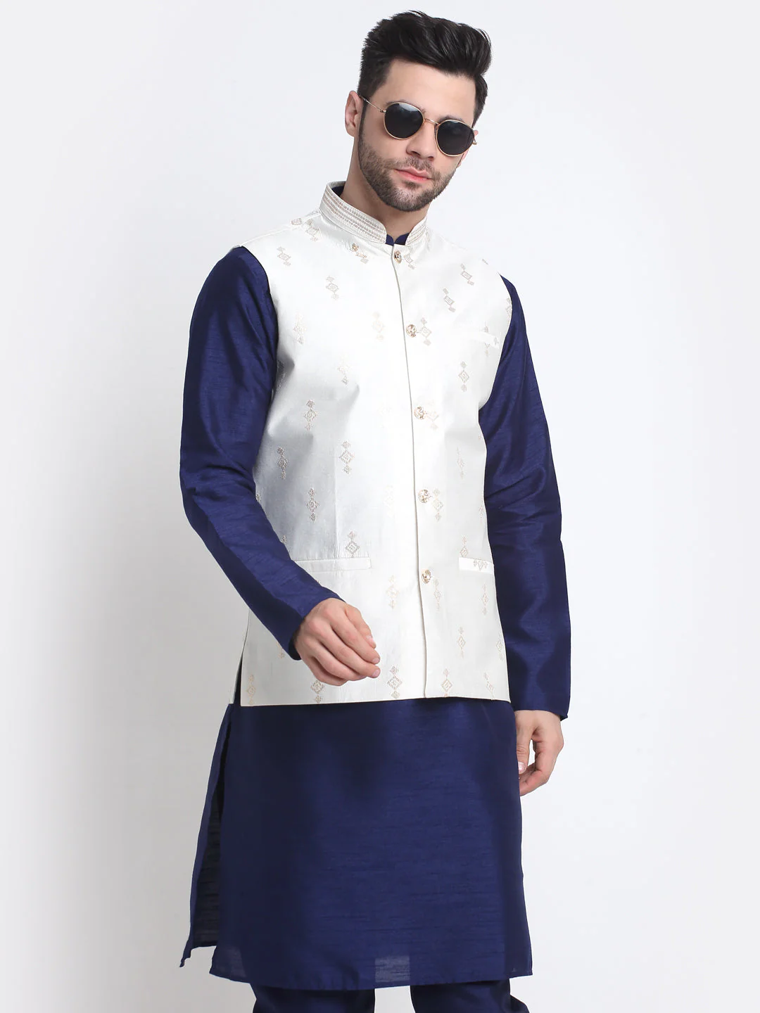 KRAFT INDIA Men Navy Blue Silk Kurta & Churidar With Sequenced Nehru Jacket - Image 15