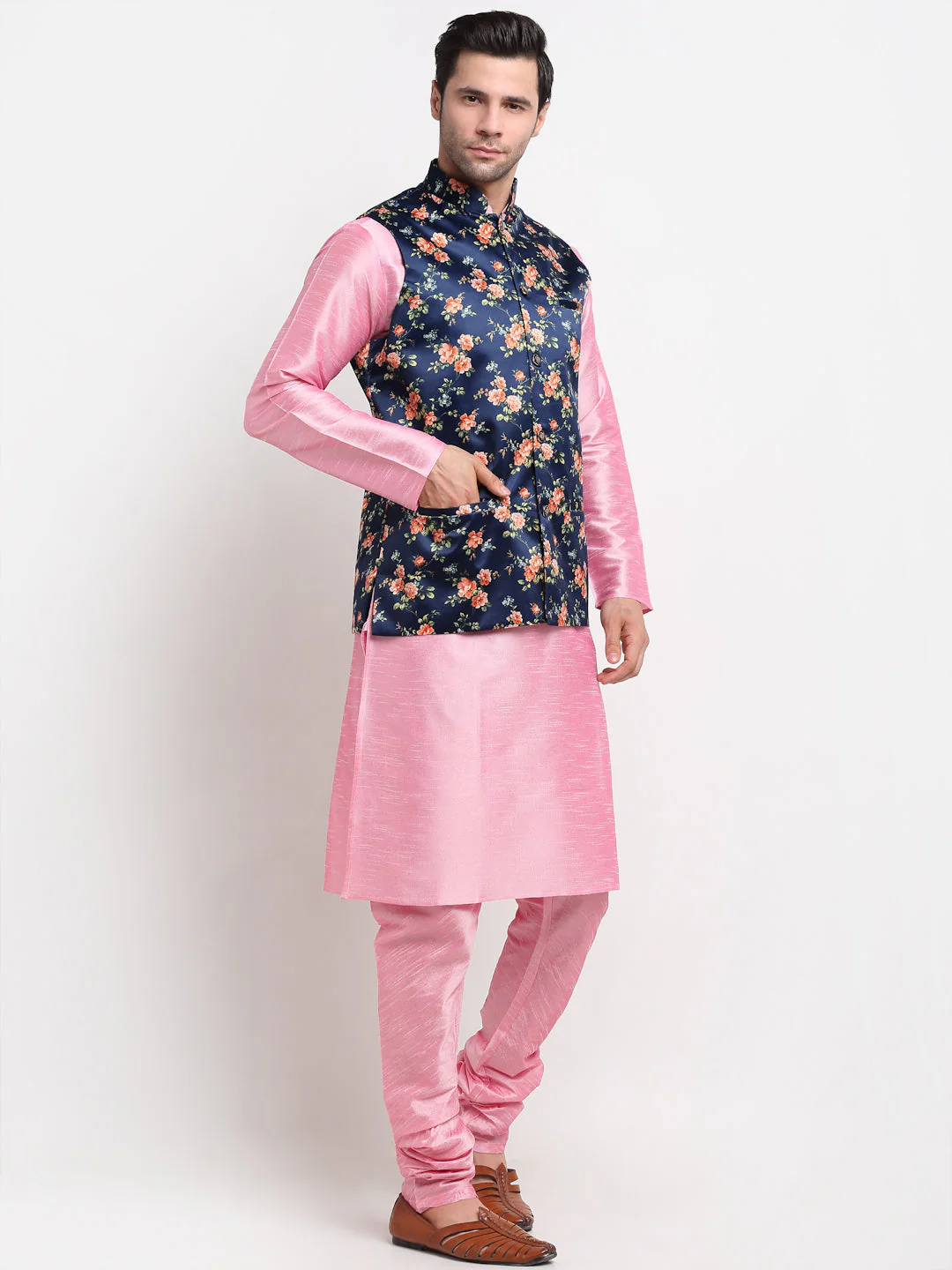 KRAFT INDIA Men Pink Kurta Churidar With Maroon Floral Print Satin Nehru Jacket - Image 3