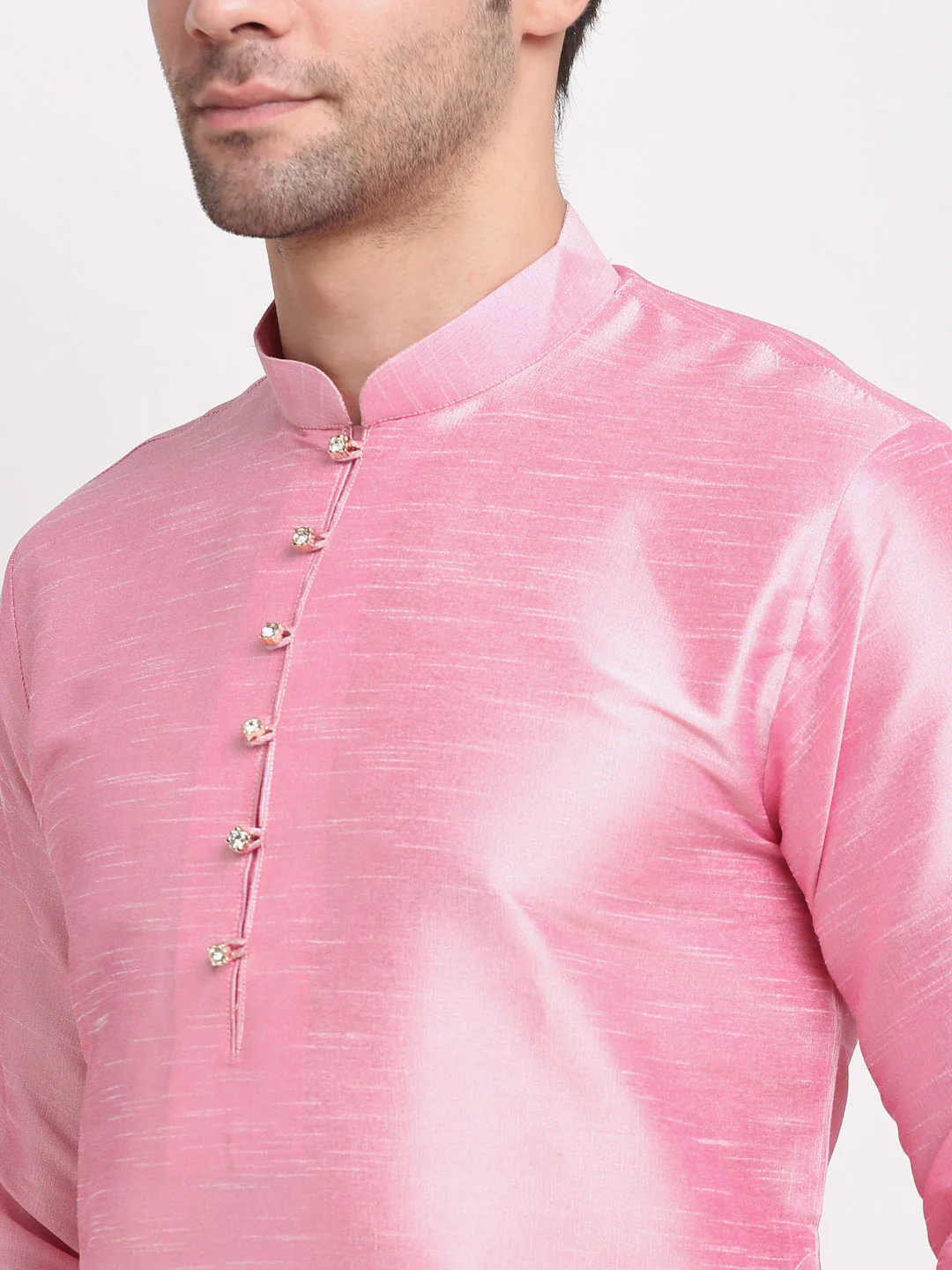 KRAFT INDIA Men Pink Kurta Churidar With Maroon Floral Print Satin Nehru Jacket - Image 6