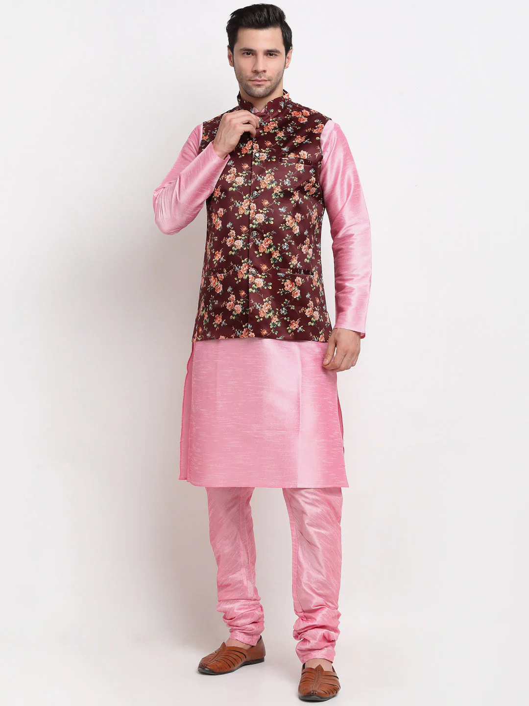 KRAFT INDIA Men Pink Kurta Churidar With Maroon Floral Print Satin Nehru Jacket - Image 8