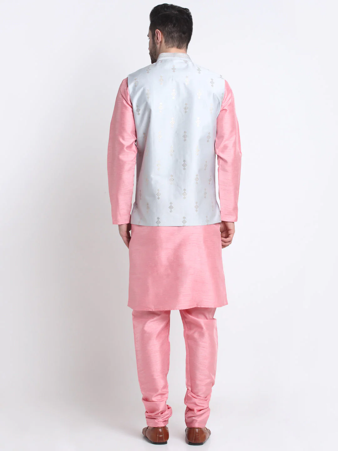 KRAFT INDIA Men Pink Silk Kurta & Churidar With Sequenced Nehru Jacket - Image 11
