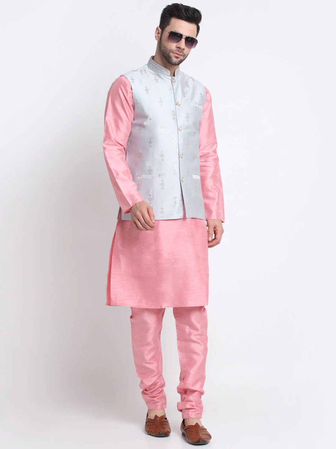 KRAFT INDIA Men Pink Silk Kurta & Churidar With Sequenced Nehru Jacket - Image 14