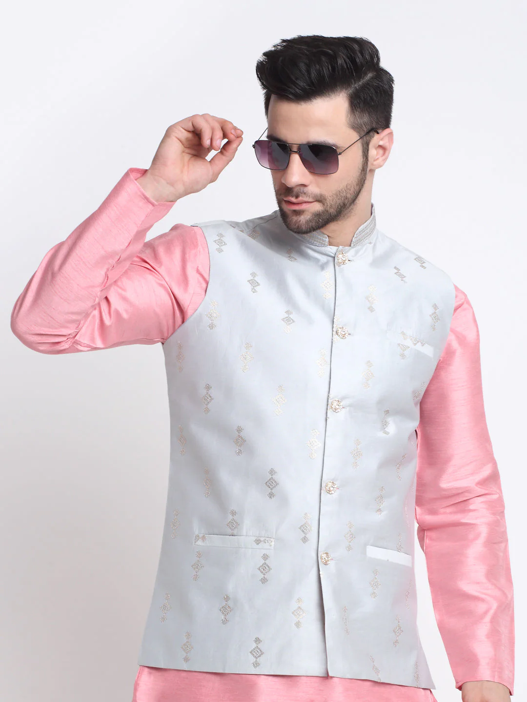 KRAFT INDIA Men Pink Silk Kurta & Churidar With Sequenced Nehru Jacket - Image 15