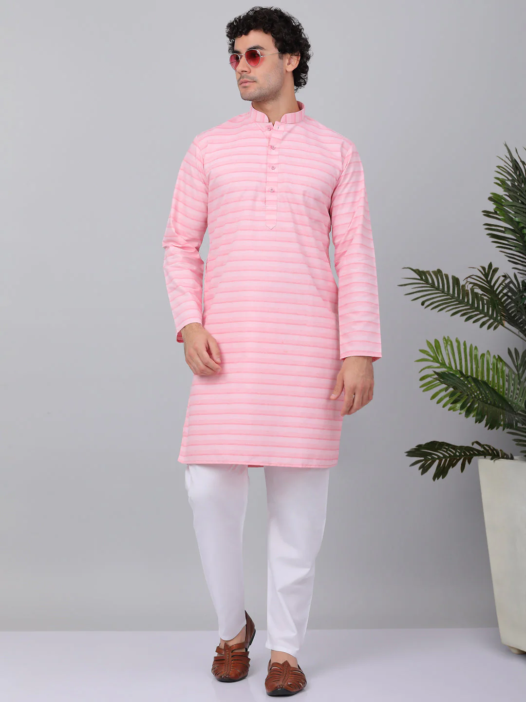 KRAFT INDIA Men Pure Cotton Striped Knee Length Kurta with White Elastic Waistband Pyjama Set - Image 11