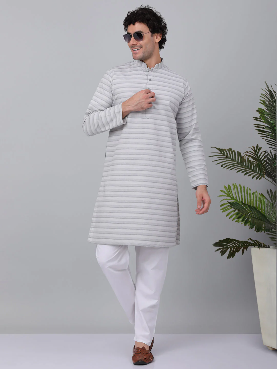 KRAFT INDIA Men Pure Cotton Striped Knee Length Kurta with White Elastic Waistband Pyjama Set - Image 6