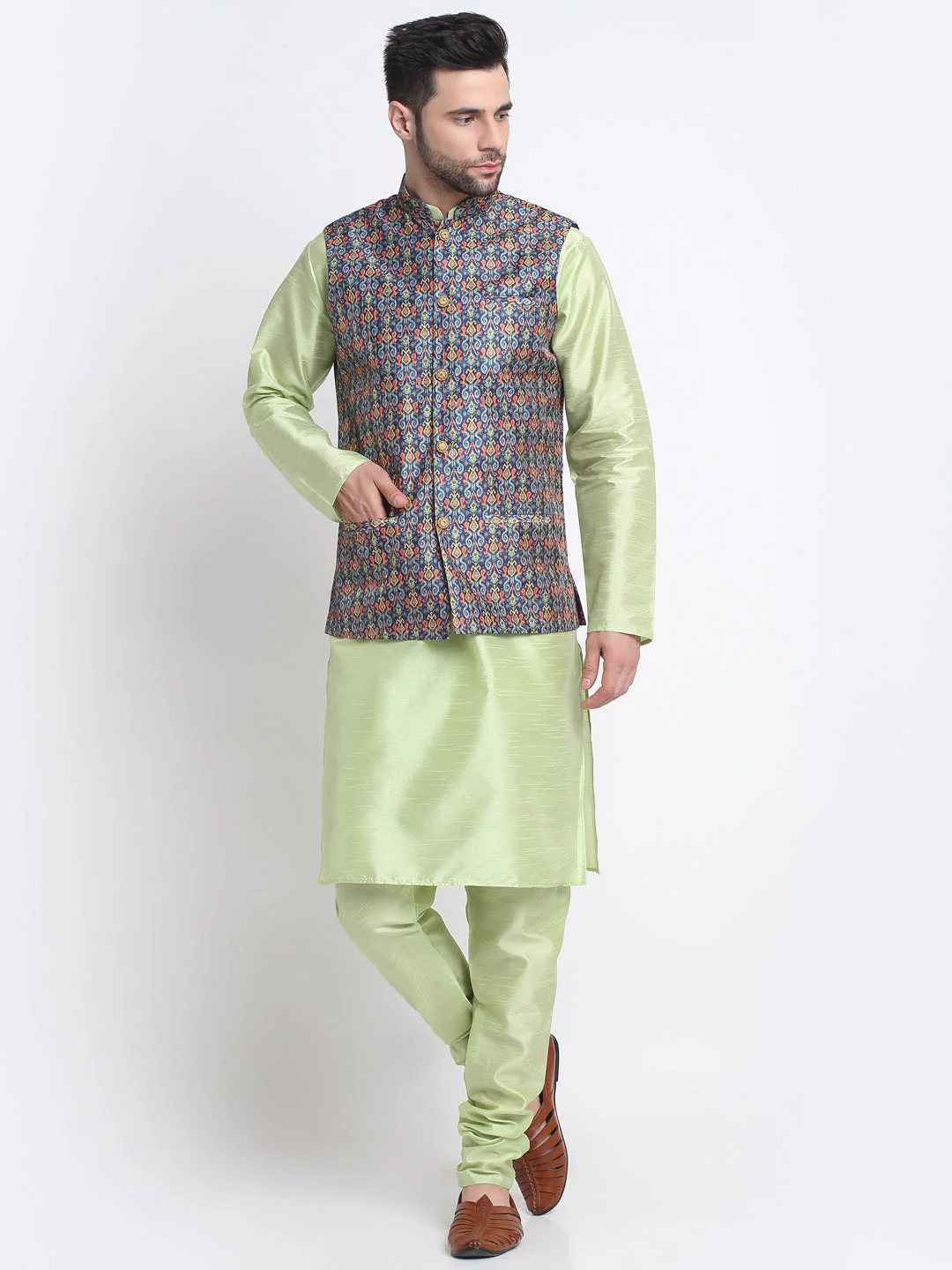 KRAFT INDIA Men Sea Green Silk Kurta Churidar With Blue Printed Nehru Jacket