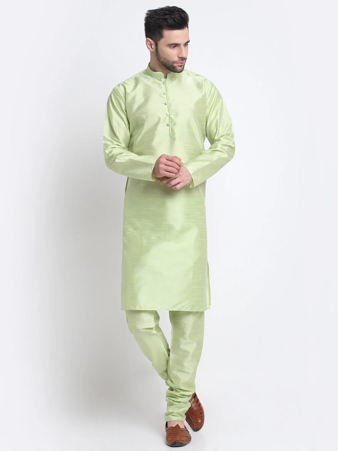 KRAFT INDIA Men Sea Green Silk Kurta Churidar With Blue Printed Nehru Jacket - Image 6