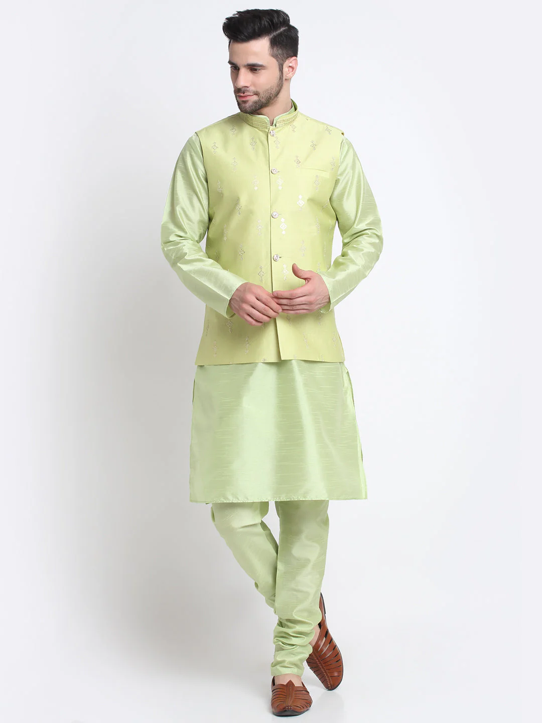 KRAFT INDIA Men Sea Green Silk Kurta & Churidar With Sequenced Nehru Jacket - Image 10