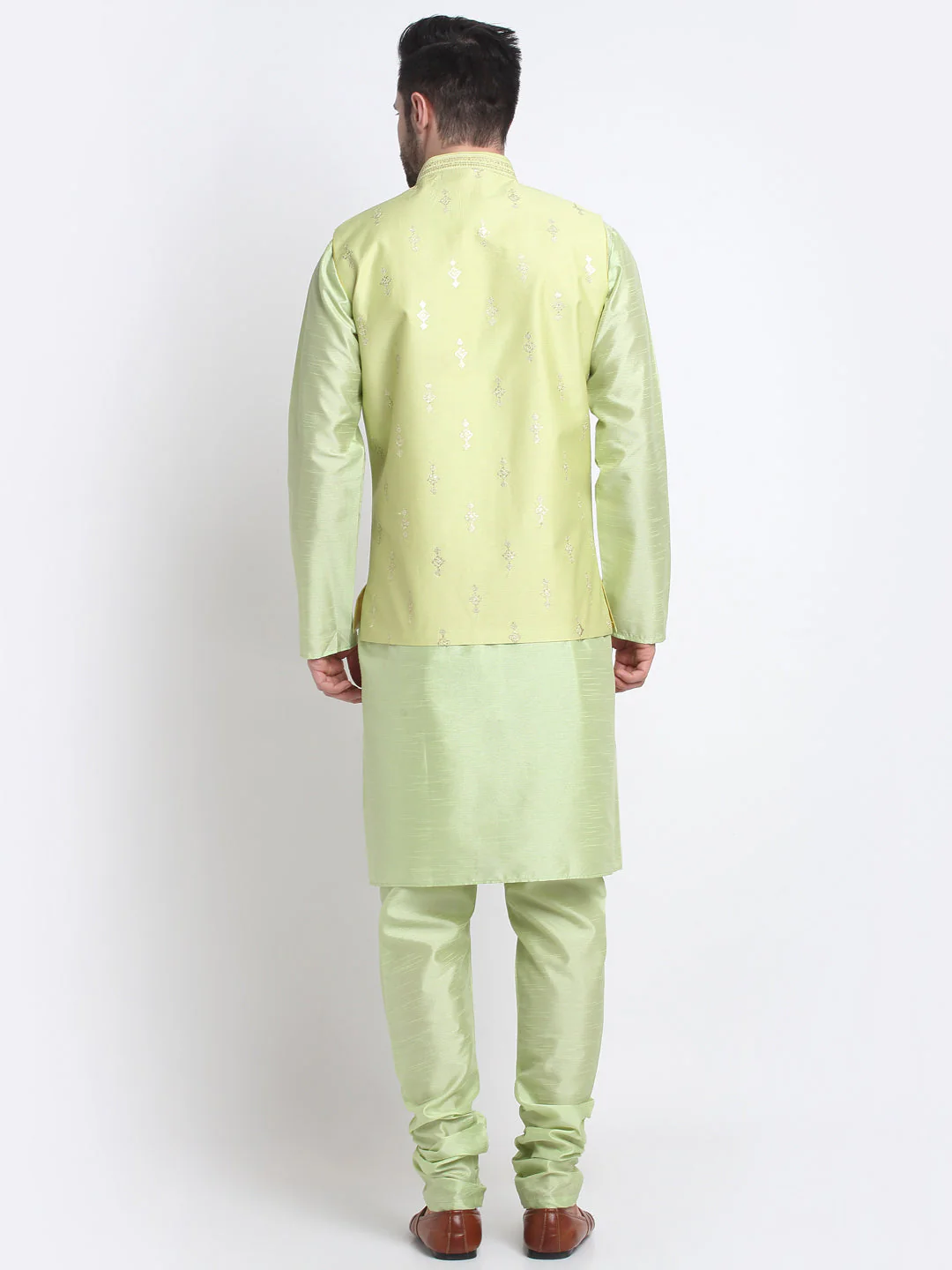 KRAFT INDIA Men Sea Green Silk Kurta & Churidar With Sequenced Nehru Jacket - Image 11