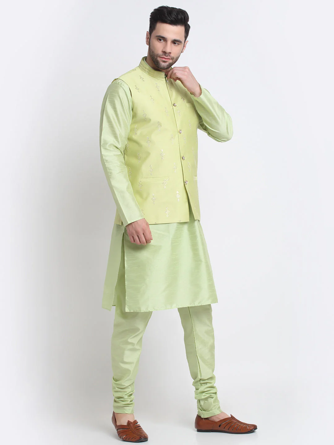 KRAFT INDIA Men Sea Green Silk Kurta & Churidar With Sequenced Nehru Jacket - Image 12