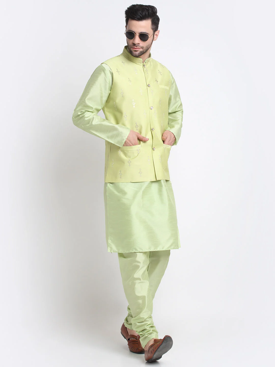 KRAFT INDIA Men Sea Green Silk Kurta & Churidar With Sequenced Nehru Jacket - Image 14