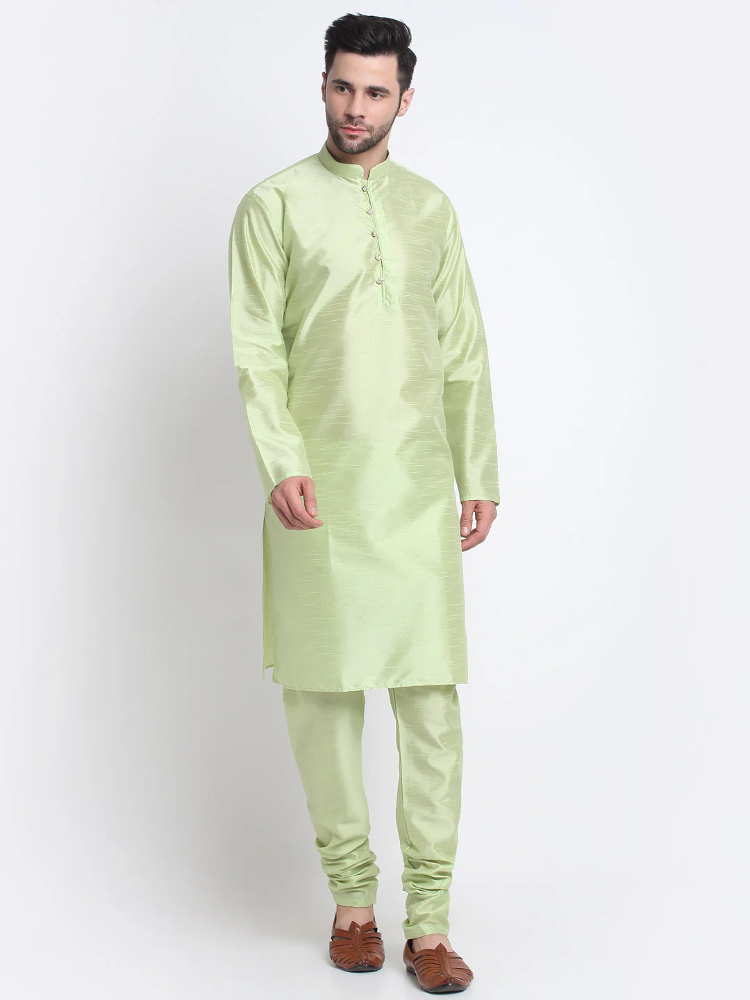 KRAFT INDIA Men Sea Green Silk Kurta & Churidar With Sequenced Nehru Jacket - Image 16