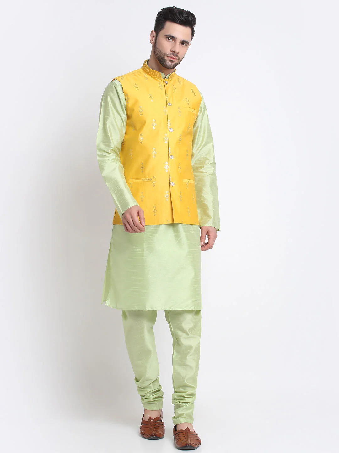 KRAFT INDIA Men Sea Green Silk Kurta & Churidar With Sequenced Nehru Jacket - Image 19