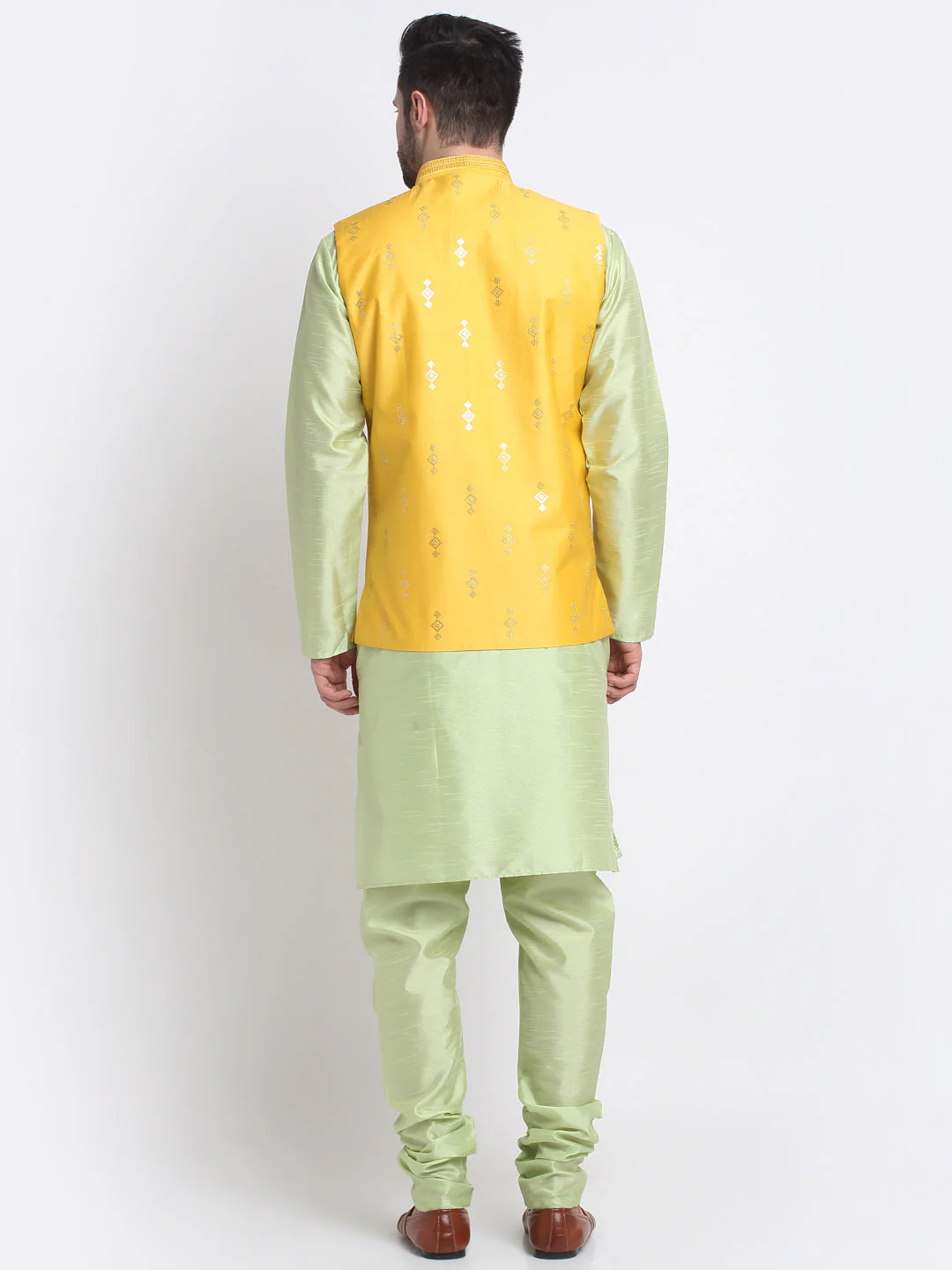 KRAFT INDIA Men Sea Green Silk Kurta & Churidar With Sequenced Nehru Jacket - Image 20
