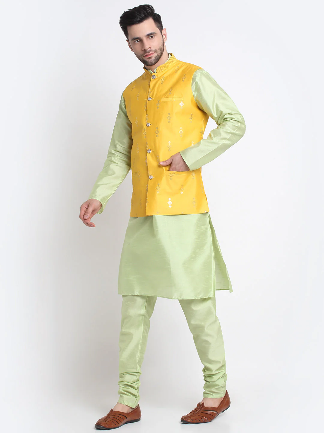 KRAFT INDIA Men Sea Green Silk Kurta & Churidar With Sequenced Nehru Jacket - Image 21