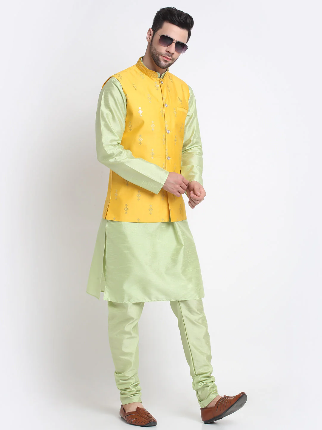 KRAFT INDIA Men Sea Green Silk Kurta & Churidar With Sequenced Nehru Jacket - Image 23