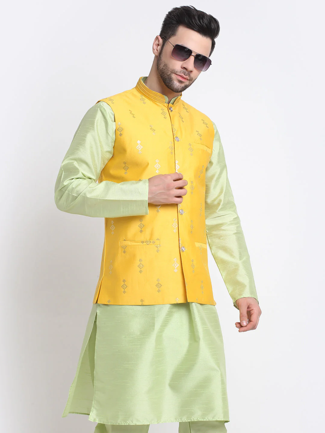 KRAFT INDIA Men Sea Green Silk Kurta & Churidar With Sequenced Nehru Jacket - Image 24