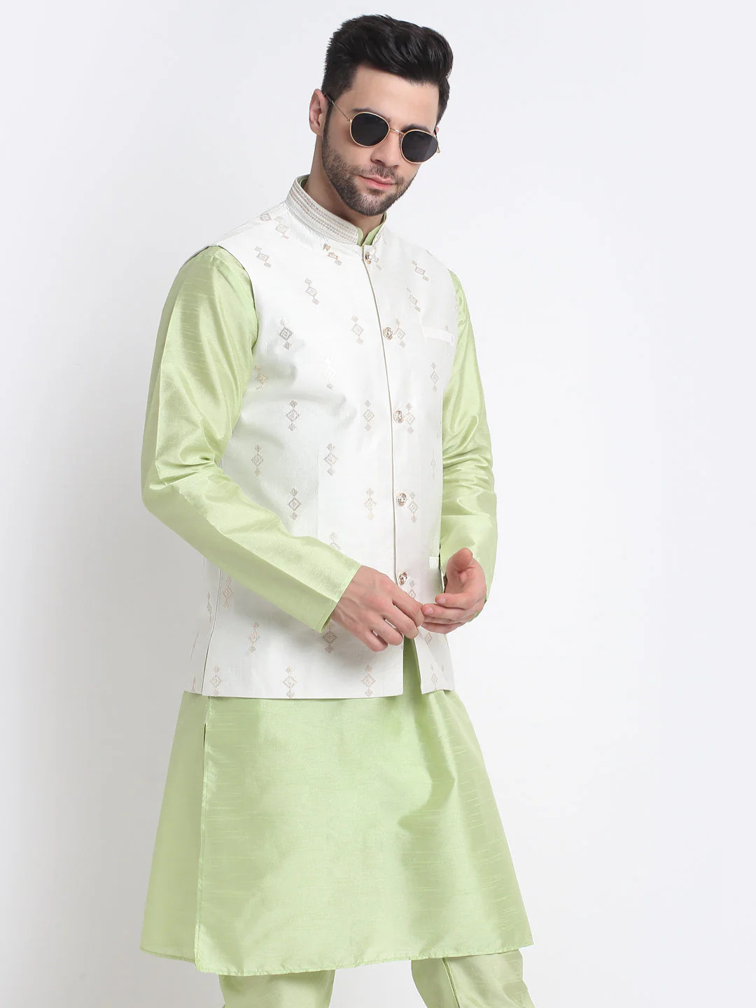 KRAFT INDIA Men Sea Green Silk Kurta & Churidar With Sequenced Nehru Jacket - Image 6