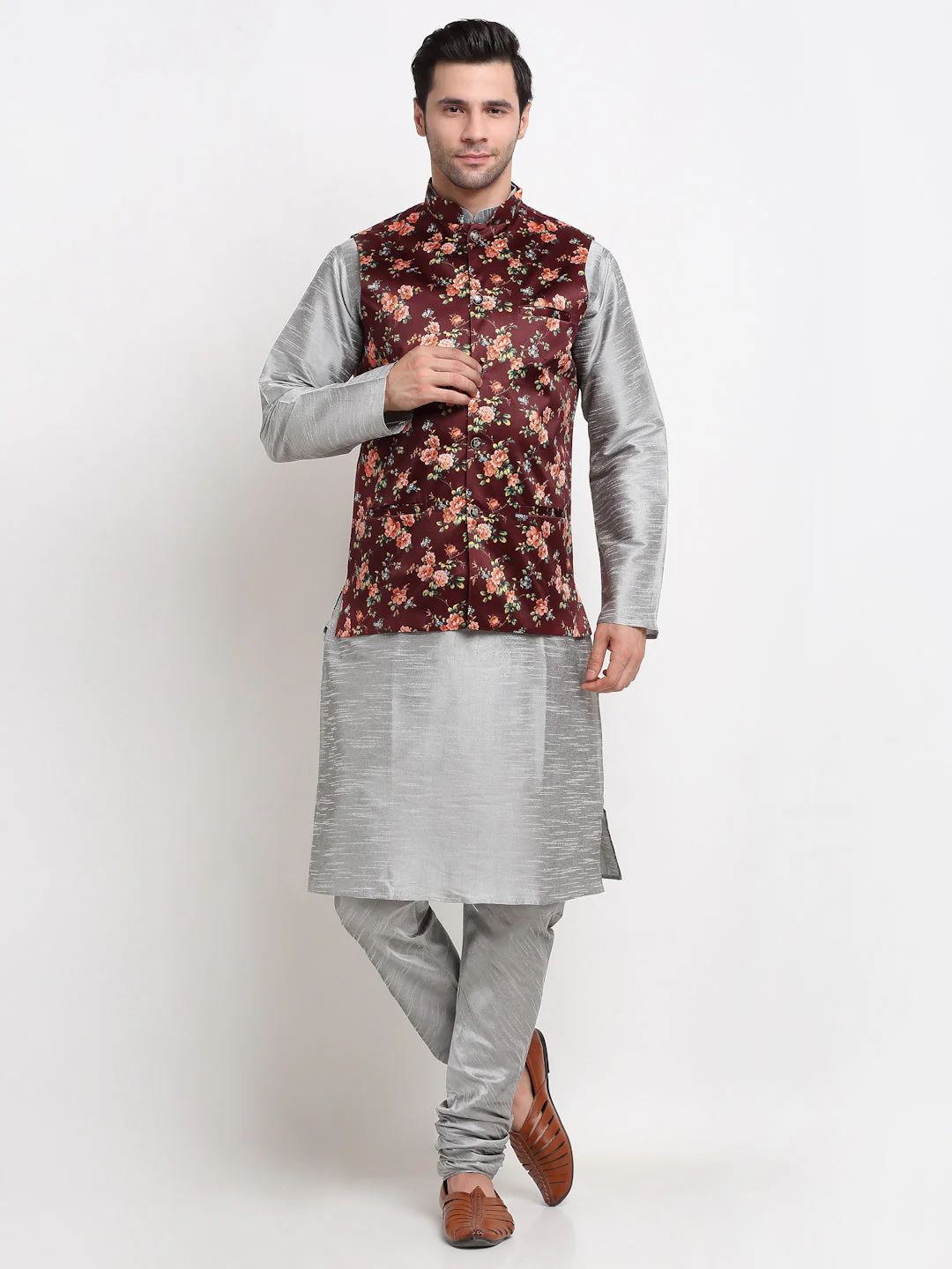 KRAFT INDIA Men Silver Kurta Churidar With Maroon Floral Print Satin Nehru Jacket - Image 22