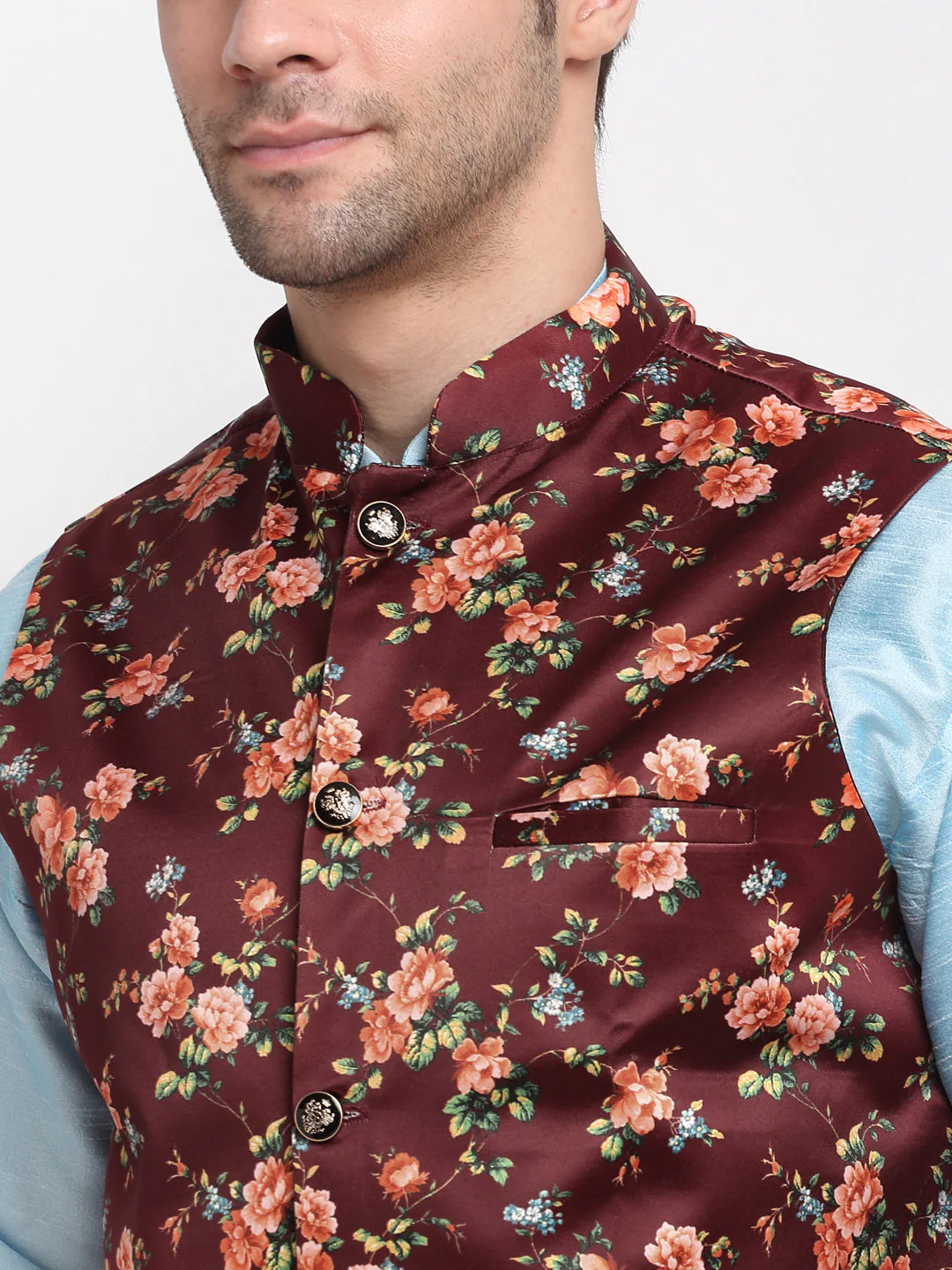 KRAFT INDIA Men Sky Blue Kurta Churidar With Floral Print Satin Nehru Jacket - Image 10