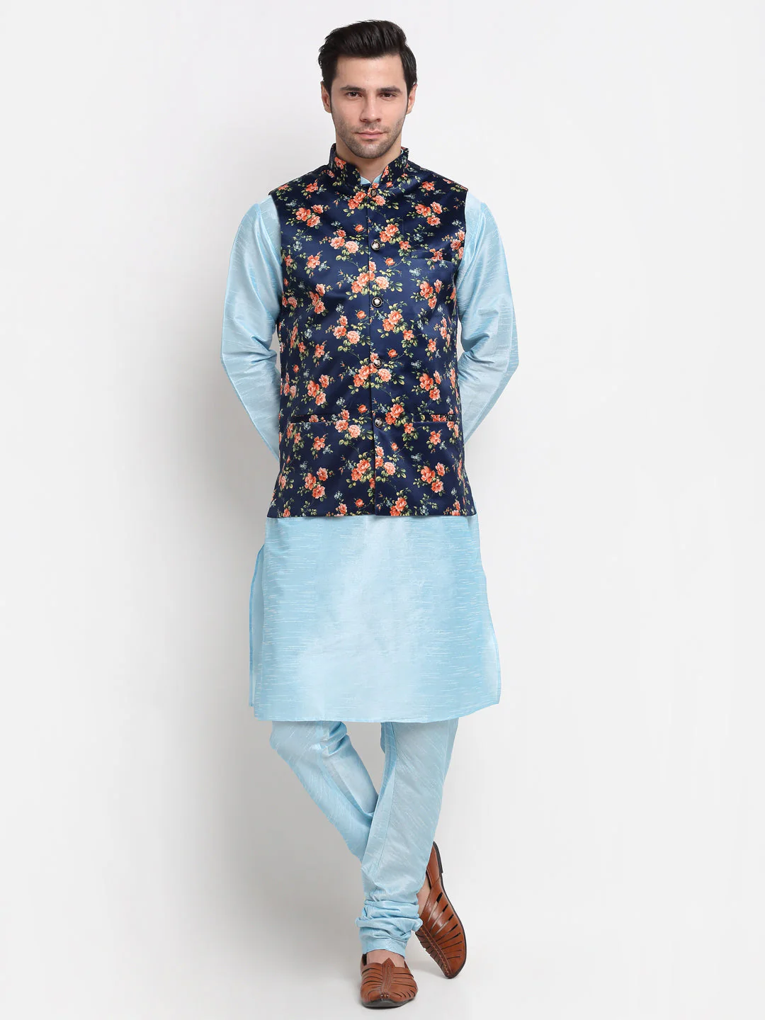 KRAFT INDIA Men Sky Blue Kurta Churidar With Floral Print Satin Nehru Jacket - Image 16