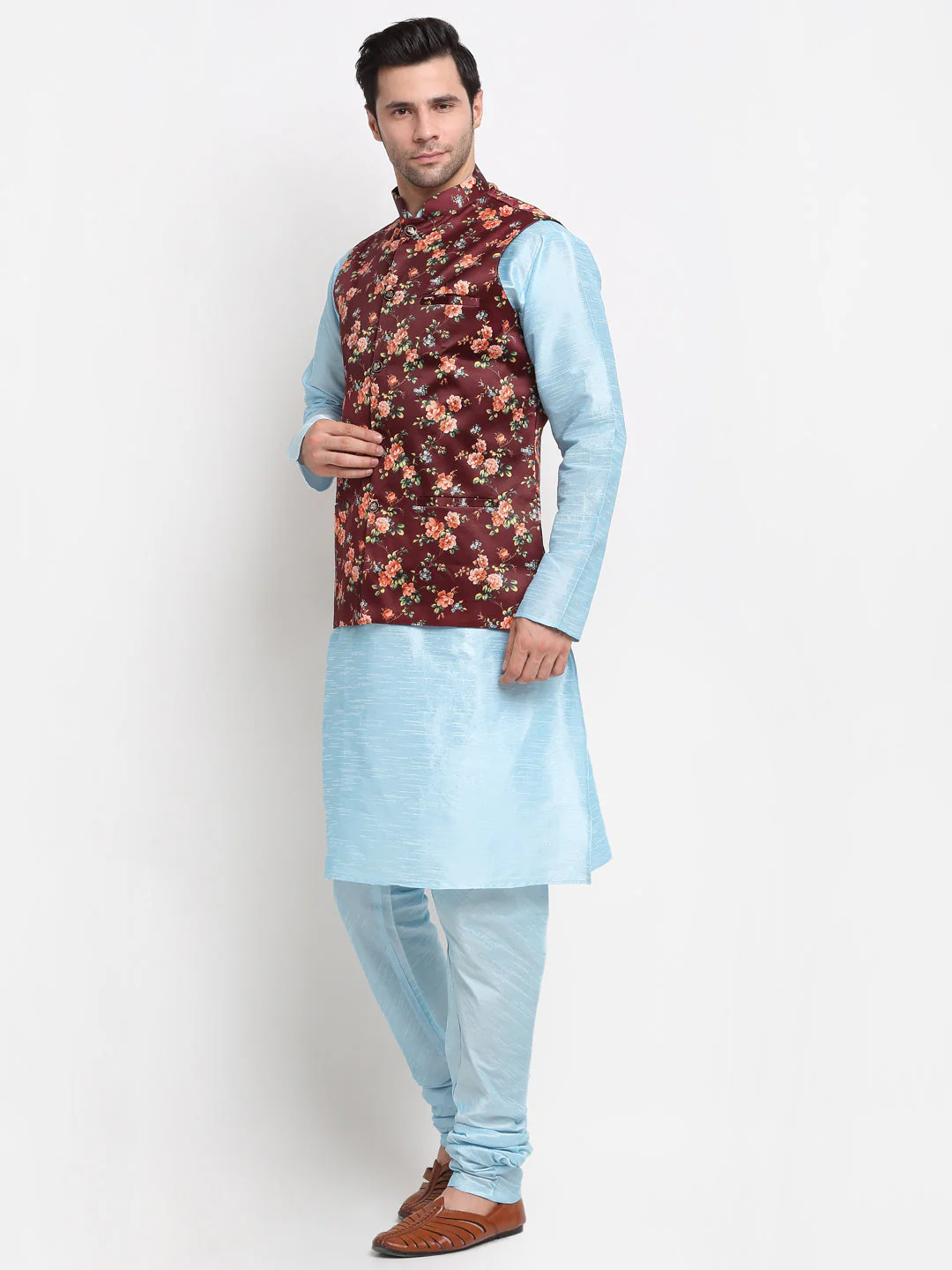 KRAFT INDIA Men Sky Blue Kurta Churidar With Floral Print Satin Nehru Jacket - Image 31