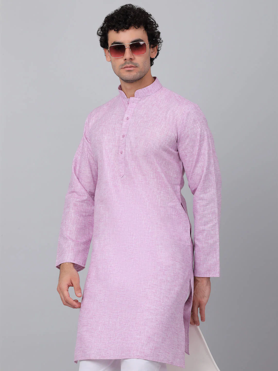 KRAFT INDIA Men Solid Linen Knee Length Kurta With White Elastic Waistband Pyjama Set - Image 12