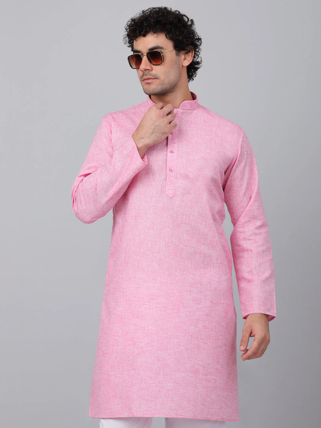 KRAFT INDIA Men Solid Linen Knee Length Kurta With White Elastic Waistband Pyjama Set - Image 16