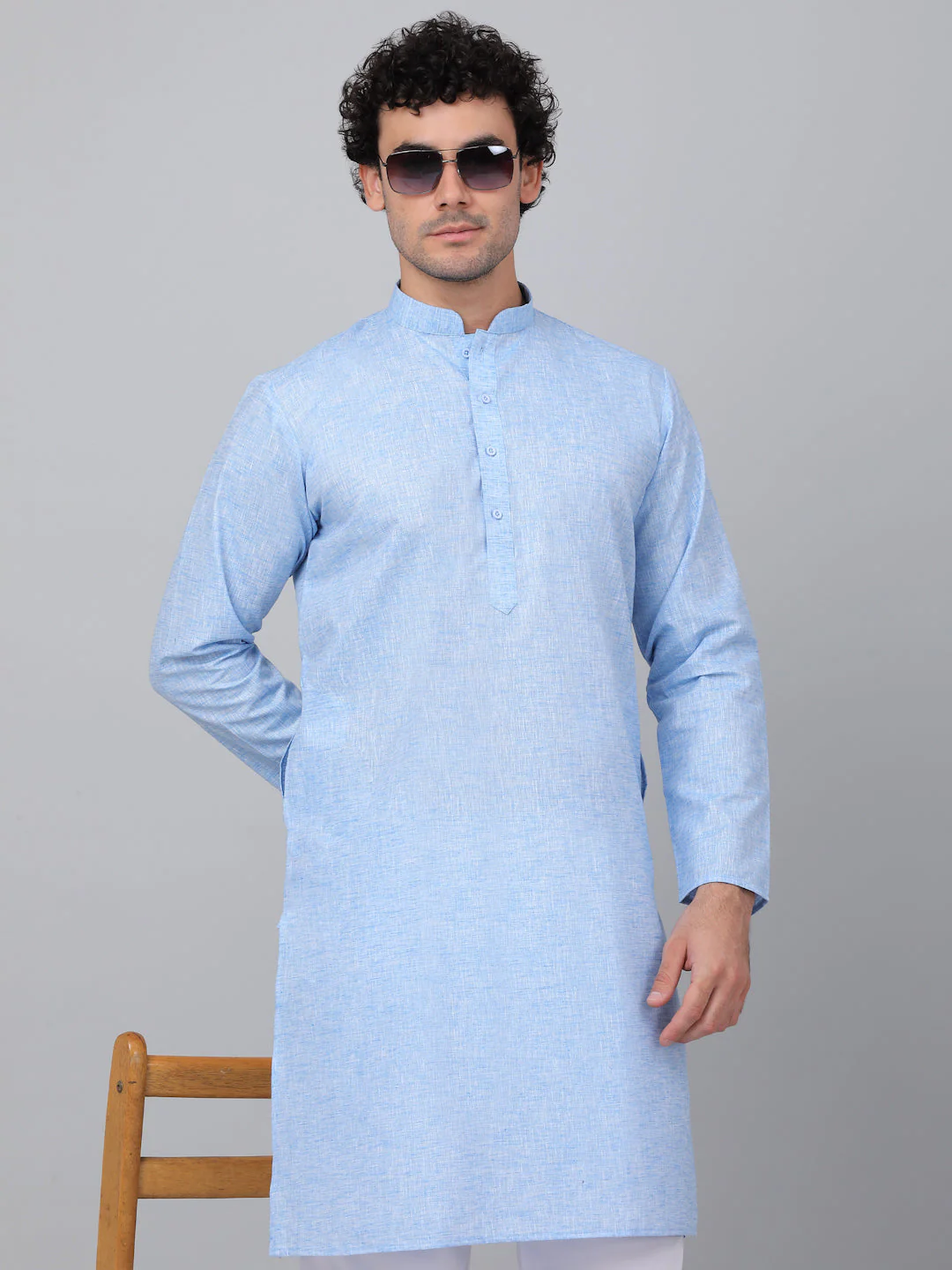 KRAFT INDIA Men Solid Linen Knee Length Kurta With White Elastic Waistband Pyjama Set - Image 24