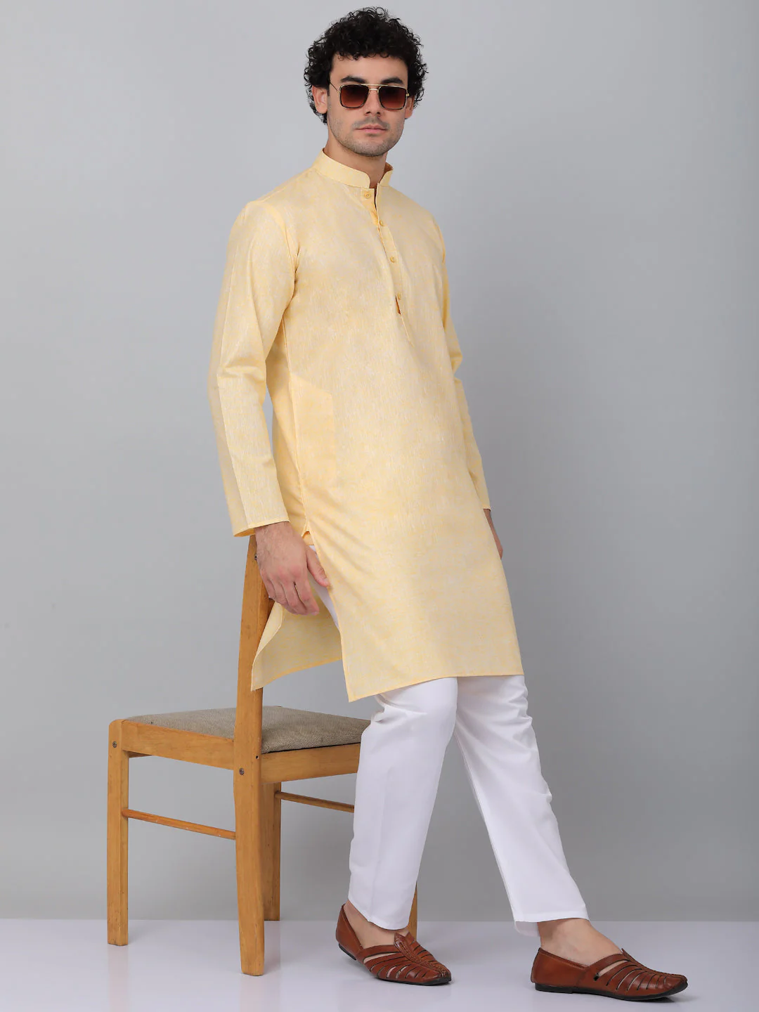 KRAFT INDIA Men Solid Linen Knee Length Kurta With White Elastic Waistband Pyjama Set - Image 25