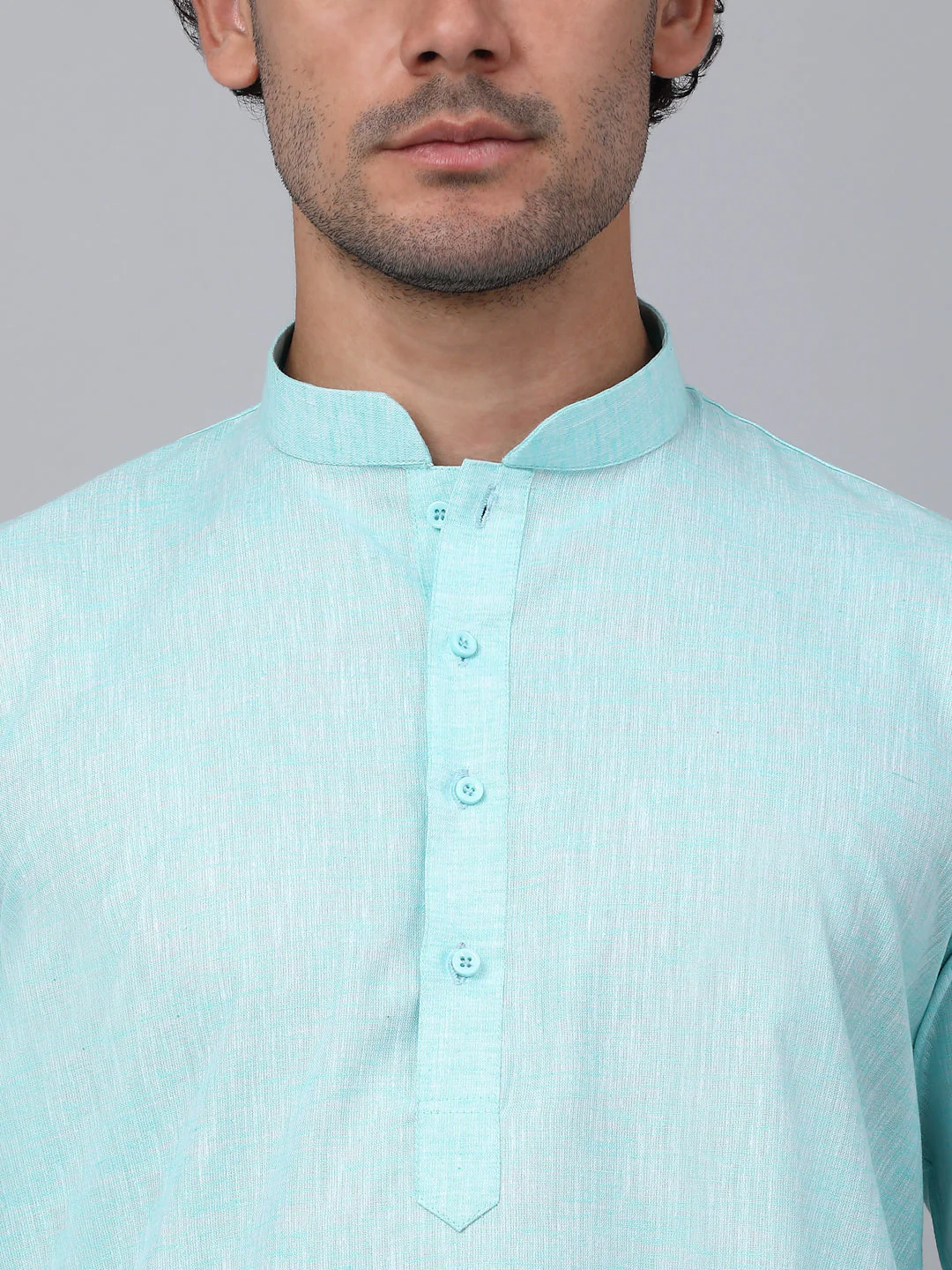 KRAFT INDIA Men Solid Linen Knee Length Kurta With White Elastic Waistband Pyjama Set - Image 3