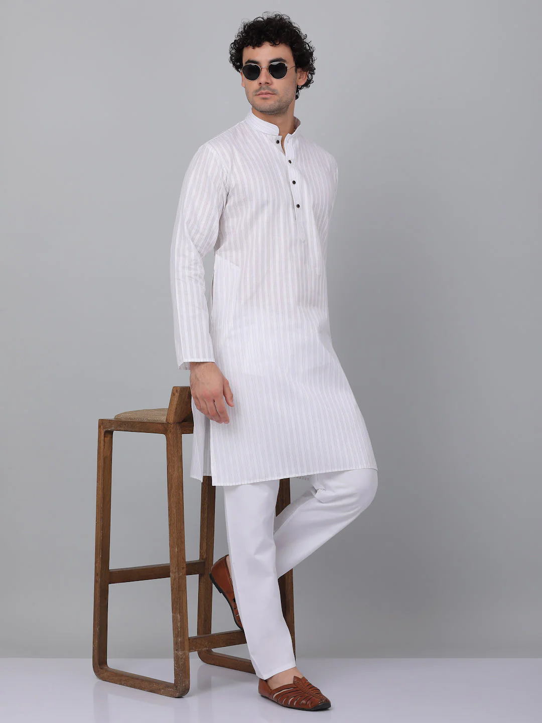 KRAFT INDIA Men Striped Pure Cotton Knee Length Kurta With White Elastic Waistband Pyjama Set - Image 17