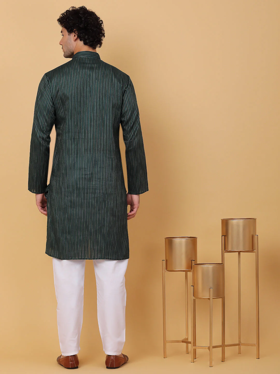 KRAFT INDIA Men Striped Pure Cotton Knee Length Kurta With White Elastic Waistband Pyjama Set - Image 6