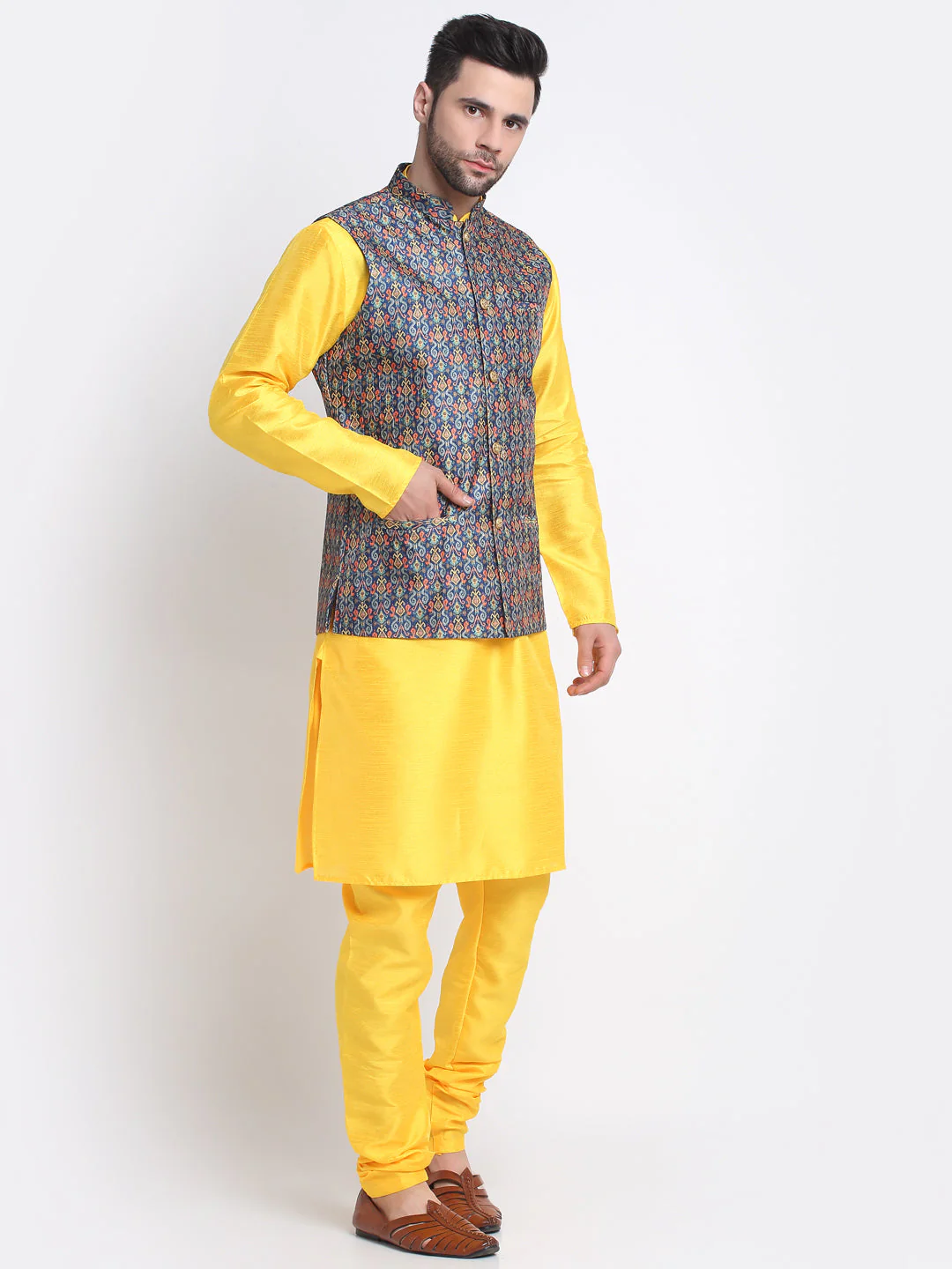 KRAFT INDIA Men Yellow Silk Kurta Churidar With Blue Printed Nehru Jacket - Image 2