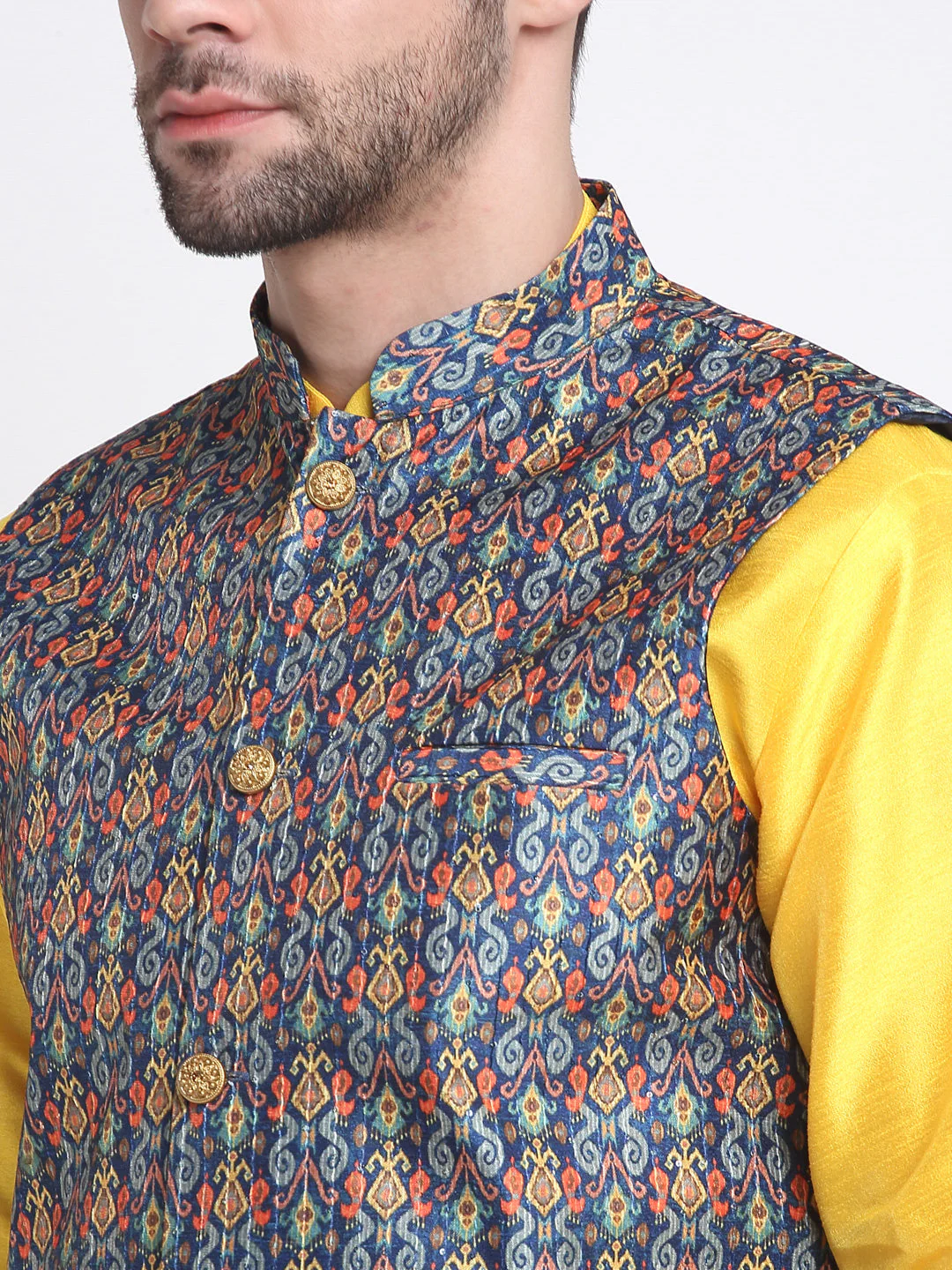 KRAFT INDIA Men Yellow Silk Kurta Churidar With Blue Printed Nehru Jacket - Image 8