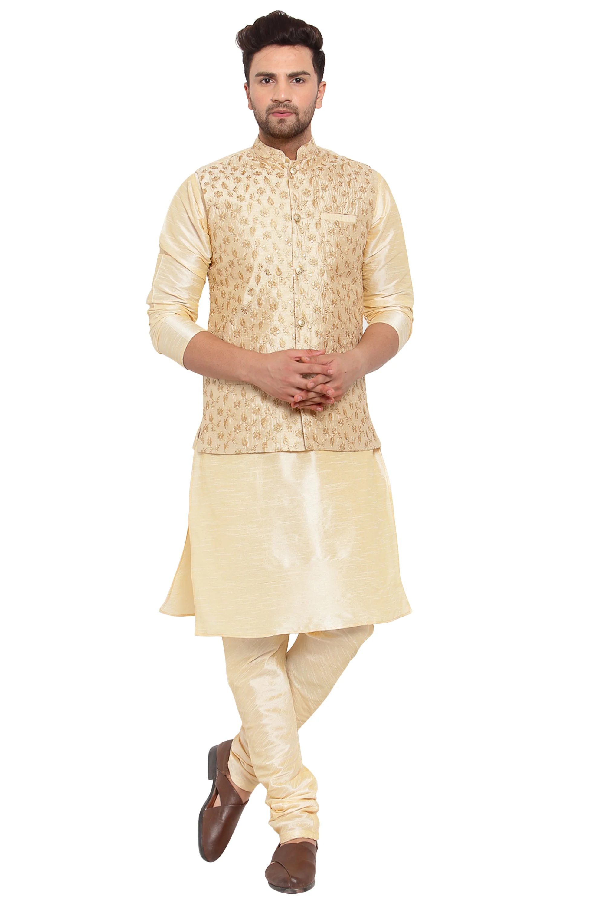 KRAFT INDIA Mens Beige Kurta and churidar with embroided Zari Nehru jacket - Image 32