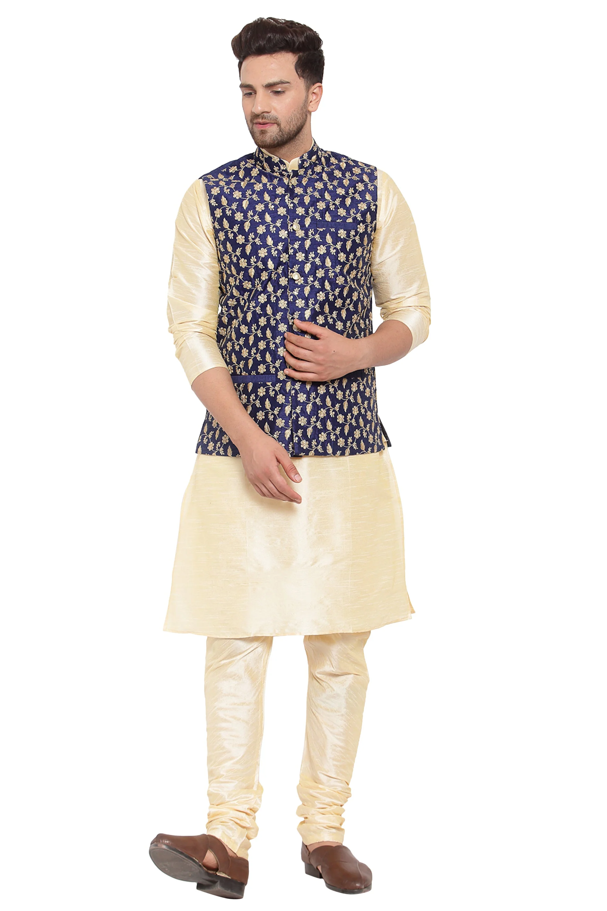 KRAFT INDIA Mens Beige Kurta and churidar with embroided Zari Nehru jacket - Image 36