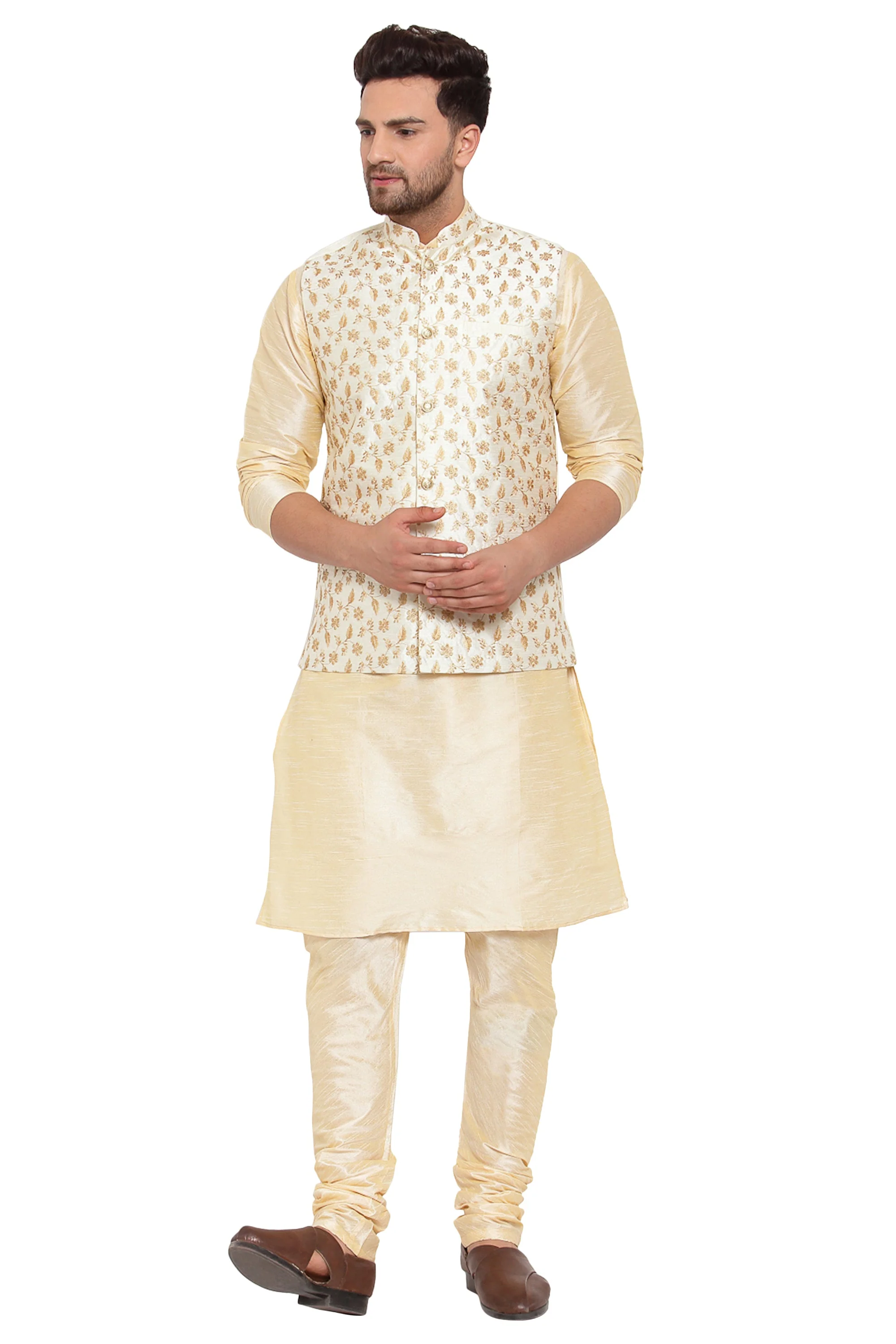 KRAFT INDIA Mens Beige Kurta and churidar with embroided Zari Nehru jacket - Image 41