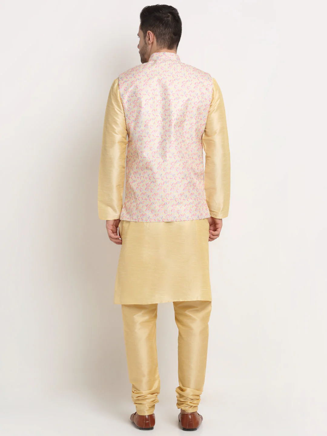 KRAFT INDIA Mens Beige Silk Blend Kurta and churidar with embroided Nehru jacket - Image 10