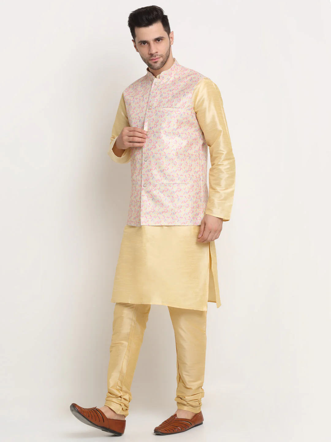 KRAFT INDIA Mens Beige Silk Blend Kurta and churidar with embroided Nehru jacket - Image 11